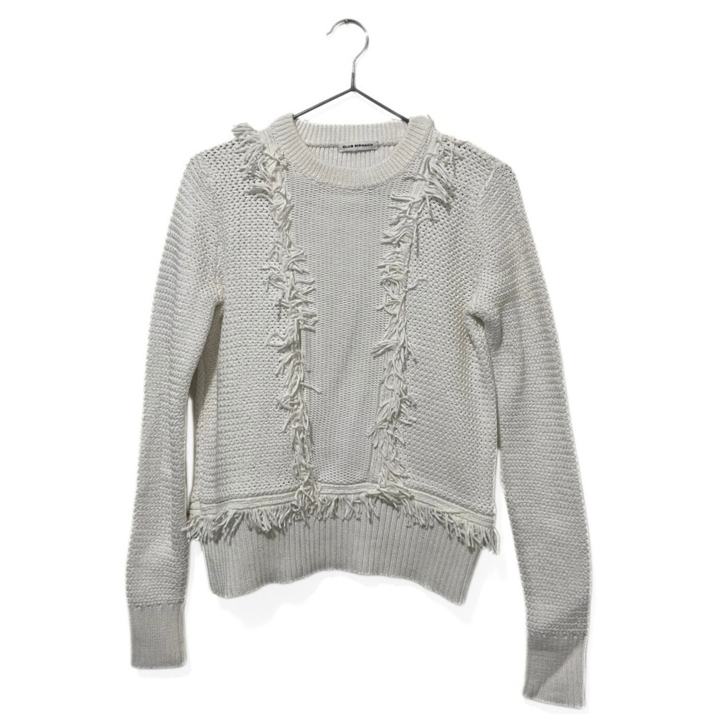 Club Monaco White Crew-Neck Chunky Knit Tassel Sweater Size Small